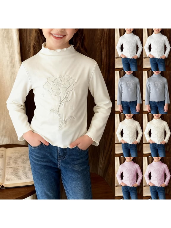 Kids Long Sleeve T Shirts, Toddler Kids Solid Ruffled Rose Embroidery Crew Neck Loose Lightweight Shirt Top Beige, 2-3 Years