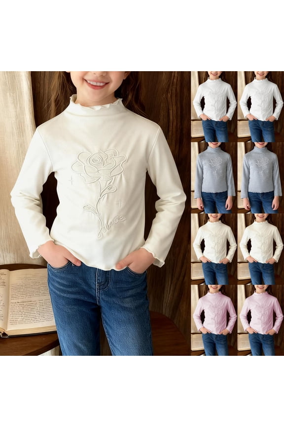 Kids Long Sleeve T Shirts, Toddler Kids Solid Ruffled Rose Embroidery Crew Neck Loose Lightweight Shirt Top Gray, 1-2 Years