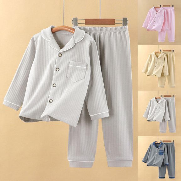 Loopsun Kids Loungewear Sets, Kids Casual Loungewear Solid Round Neck Long Sleeve Button Down Collar Top and Pants Warm 2 Piece Set Gray, 7-8 Years