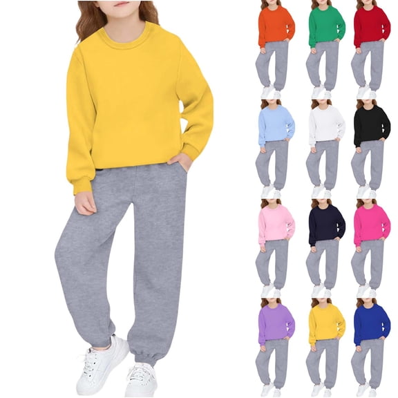 Loopsun Kids Outfit Sweatsuits Sets, Boys Girls Casual Fashion Sports Solid Long Sleeve Sweatshirts and Sweatpants 2 Piece Set White, 10-11 Years