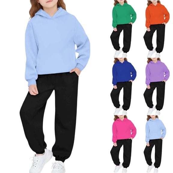 Loopsun Kids Outfit Sweatsuits Sets, Kids Boys Girls Casual Fashion Solid Long Sleeve Hooded Sweatshirts and Sweatpants Outfits 2 Piece Set Light Blue, 2-3 Years