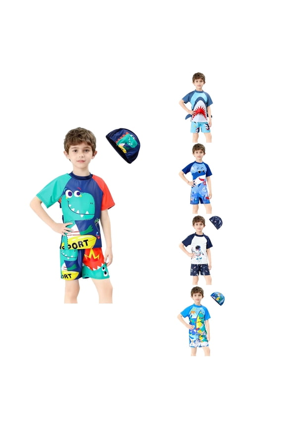 Little Boys Printed 2 Pcs Short Sleeve Sun Protection Diving Surf Beach Swimwear Split Swimsuit Gray, 9-12 Years