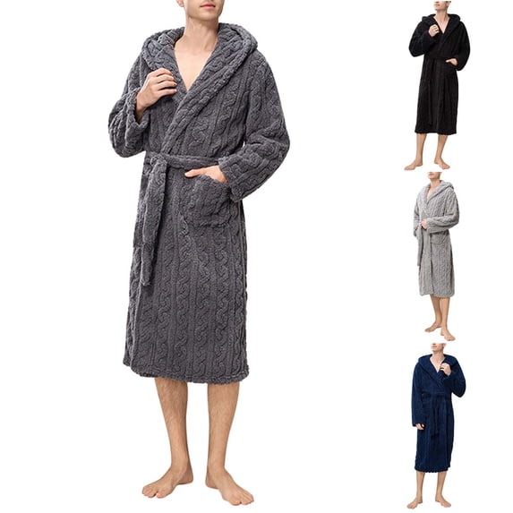 Loopsun Mens Bath Robes, Mens Casual Solid Color Home Tie Plus Size Long Sleeve Long Nightgown Black,XXL