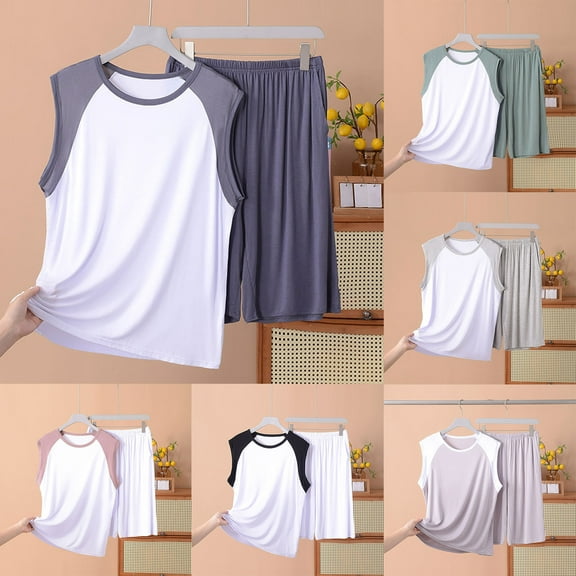 Loopsun Mens Pajama Sets, Men's Loose Color Blocked Round Neck Short Sleeve T-shirt and Wide Leg Pants Home Clothes Two Piece Set Black,XXXXL