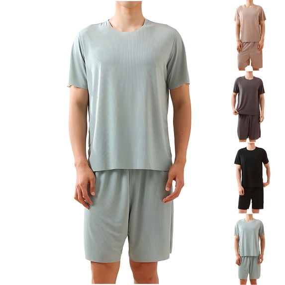 Loopsun Mens Pajama Sets, Men's Thin Pajama Home Suit Loose Short Sleeve Shirts and Shorts Pajama Set Army Green,L
