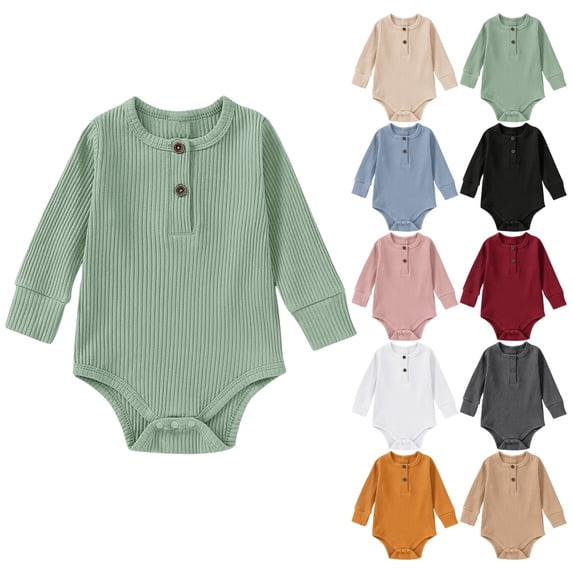 Loopsun Newborn Long Sleeve Rompers, Newborn Solid Long Sleeve Snap Closure Soft Bodysuit Short Romper Black, 6-12 Months