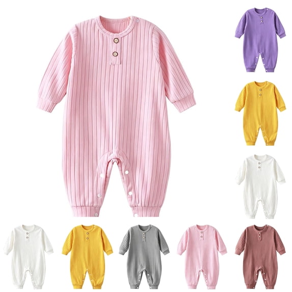 Loopsun Newborn Romper Solid Long Sleeve Crew Neck Jumpsuit for 3-24M