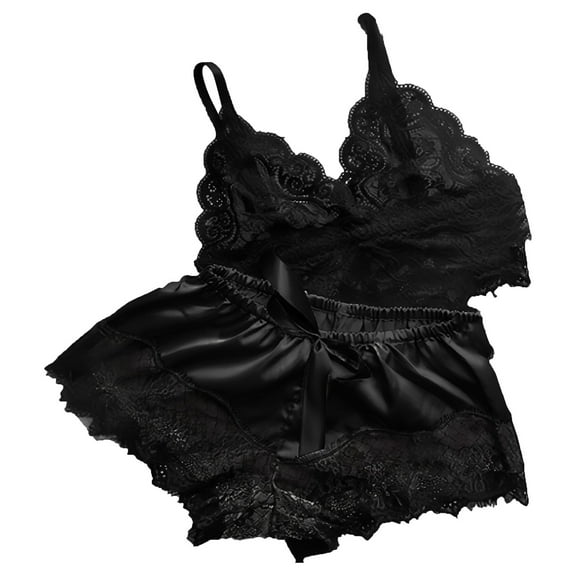 Loopsun Pajamas for Women Set, Women's Lace Patchwork V Neck Sleeve Top and Shorts Pajamas Sets Home Clothes Black S