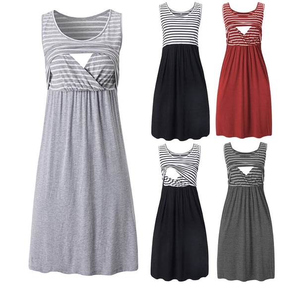 Loopsun Summer Dresses for Women, Maternity Dress, Women's Solid Striped Patchwork Round Neck Sleeveless Nursing Dress Red, XL