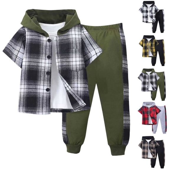 Loopsun Toddler Boys Fall Casual Outfit Plaid Short Sleeve Hooded Top and Pants Outwear Sets 5-6 Years