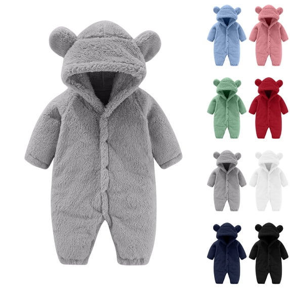 Loopsun Toddler Fleece Jumpsuits, Newborn Solid Long Sleeve Hooded Thick Fleece Snaps Closure Pocket Warm Bodysuit Long Romper Navy, 0-3 Months