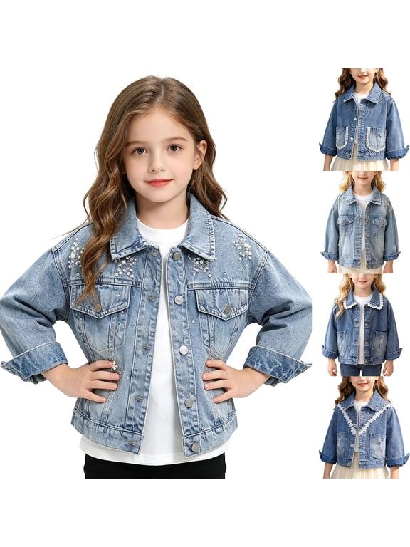 Toddler Girls Denim Jackets 18M-12Y Pearl Star Pockets Long Sleeve Outerwear Jackets