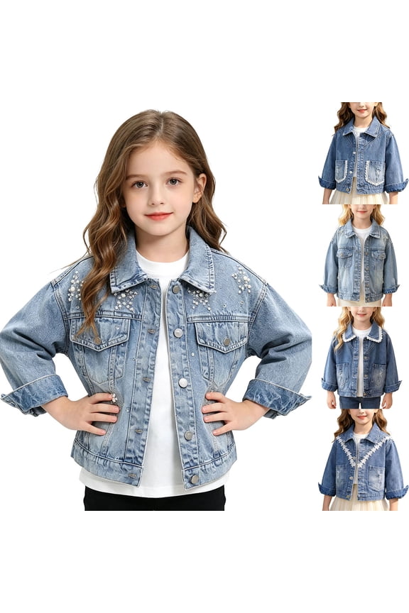 Toddler Girls Denim Jackets 18M-12Y Pearl Star Pockets Long Sleeve Outerwear Jackets
