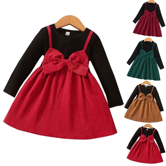 Loopsun Toddler Girls Long Sleeve Dress, Toddler Girls Casual Long Sleeve Solid Dress Red, 5-6 Years