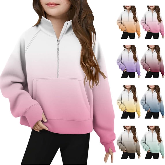 Loopsun Toddler Girls Sweatshirts, Kids Half Zip Crewneck Long Sleeve Pullover Crop Fleece Sweatshirts Green,5-6 Years