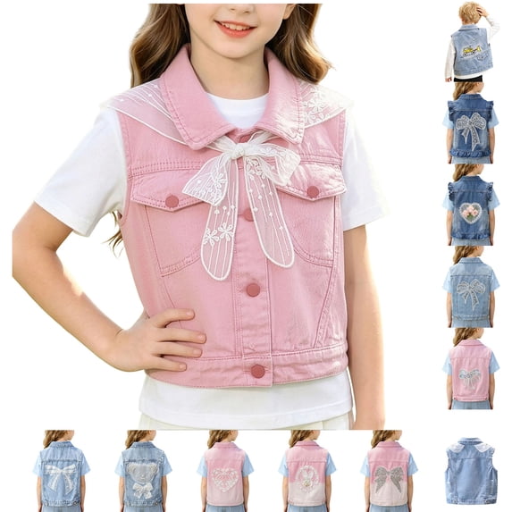 Loopsun Toddler Girls Vests 18M-14Y Bead Pockets Lace Sleeveless Denim Jackets