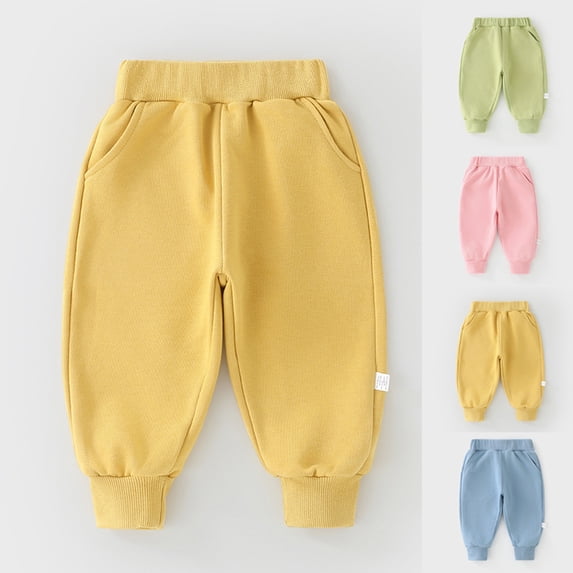 Loopsun Toddler Sports Sweatpants, Kids Casual Solid Elastic Waist Joggers Outdoor Sweatpants Long Pants with Side Pockets Yellow, 3-4 Years