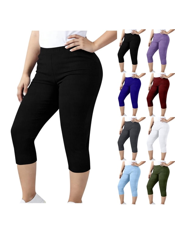 Women Capris Solid Plus Size Daily Sports Outfits Ribbed Elastic Waist Yoga Cropped Leggings with Side Pockets