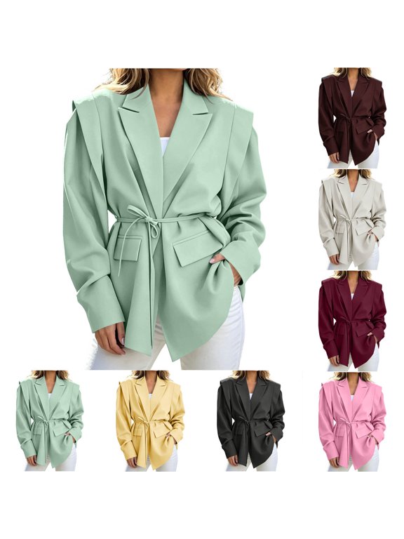 Women Fall Tailored Blazer Solid Waist Belted Office Casual Wear Jackets