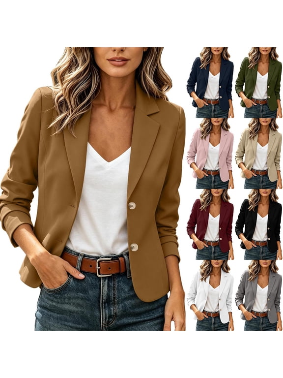 Women Fall Tailored Button Blazer Solid Collared Office Business Wear Jackets