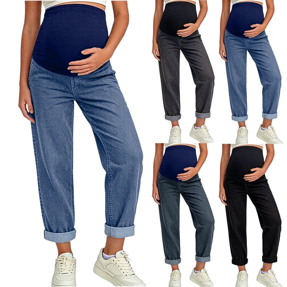 Loopsun Women Maternity Jeans High Waist Wide Leg Full Length Straight Style Elastic Airy Belly Support Outer Wear