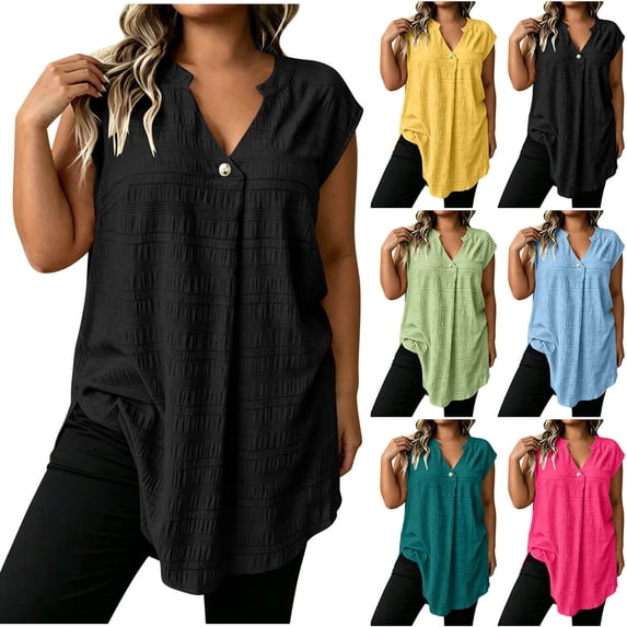 Loopsun Women Summer Blouse V Neck Sleeveless Solid Plus Size Casual Daily Relaxed Shirts