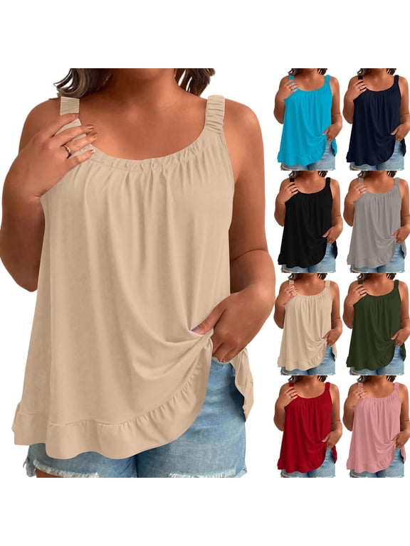 Women Summer Blouse V Neck Sleeveless Thin Strap Plus Size Ruffle Hem Relaxed Shirts