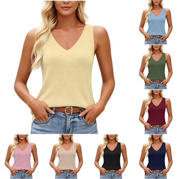 Loopsun Women Summer Tops V Neck Sleeveless Knit Sweater Vests Solid Relaxed Tunics