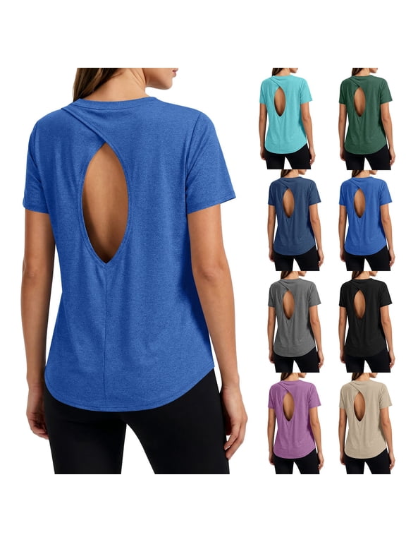 Women Summer Tunics Round Neck Short Sleeve Solid Outdoor Sport Casual Blouse