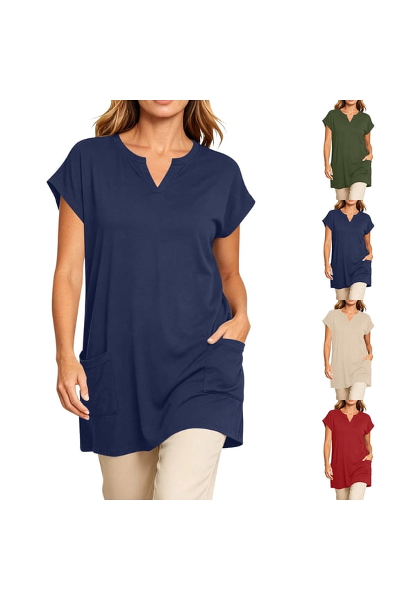 Women Summer Tunics V Neck Short Sleeve Double Pocket Long Length Solid Tops