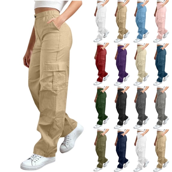 Loopsun Women Trousers Solid Outdoor Hiking Outfits Elastic Waist Zip Button Cargo Full Length Pants with Side Pockets