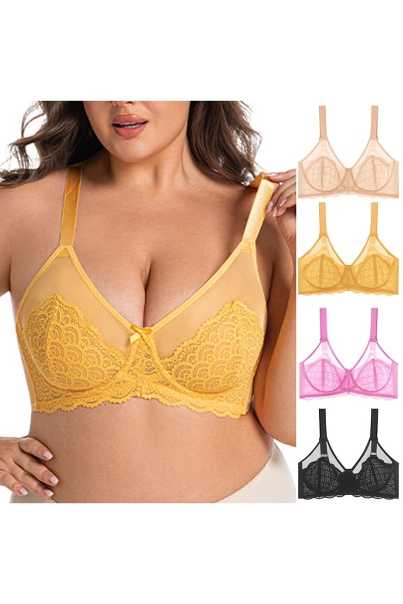 Women's Bras Plus Size, Women Plus Size F Cup Solid Push Up Thin Mesh Bra with Steel Rims Yellow, XXL
