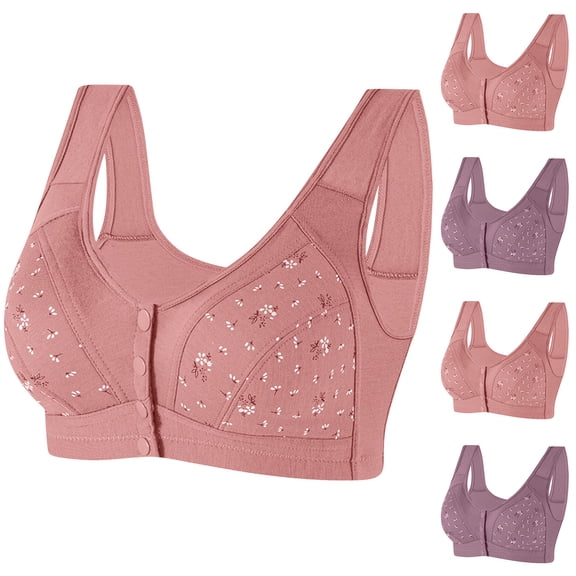 Loopsun Womens Bras Plus Size, Bras for Women, Women Middle-Aged and Elderly Printed Front Buckle without Steel Ring Soft Large Size Underwear Bra Rose Gold,L