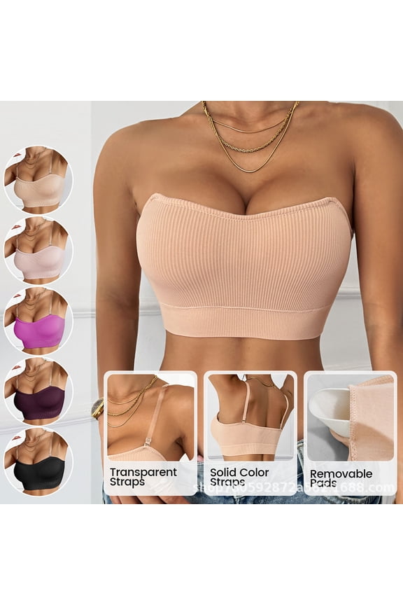 Womens Everyday Bras Solid Ribbed Back Wirefree Detachable Straps Bandeau Ladies Bras