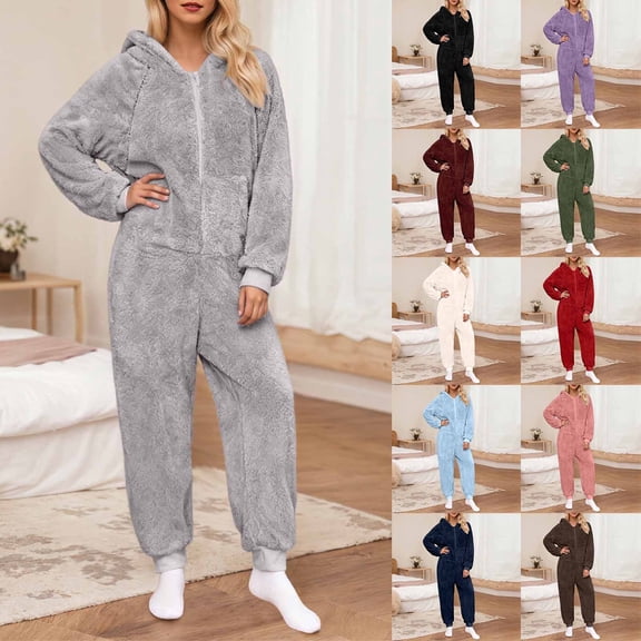 Loopsun Womens Fleece Pajama Jumpsuits, Women's Soft Fleece Long Sleeve Zipper Hooded Loungewear Home Wear Pajama Jumpsuits Light Blue, XXXL