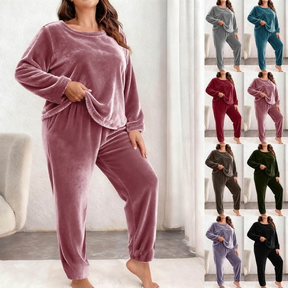 Loopsun Womens Fleece Pajama Sets, Women's Plus Size Casual Fleece Solid Long Sleeve Shirts and Long Pants Soft Pajama Loungewear Set Pink, XXXL