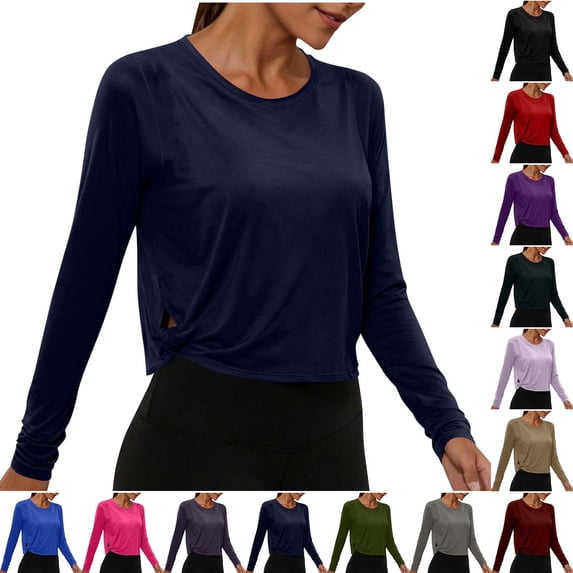 Loopsun Womens Long Sleeve Fall Tops Fashion Solid Crew Neck Side Cutout Sports Casual Shirts