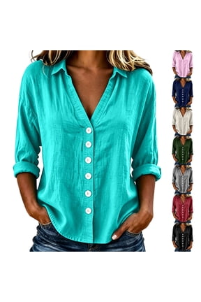 Womens Long Sleeve Fall Tops Fashion Solid Linen V Neck Button Waist Cinched Loose Shirts