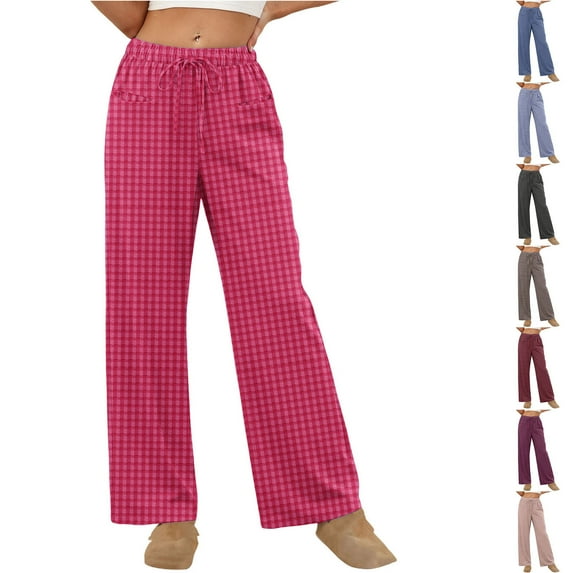 Loopsun Womens Pajama Pants, Ladies Solid Plaid Print Elastic Waist Straight Leg Soft Sleep Long Pants Beige, XL