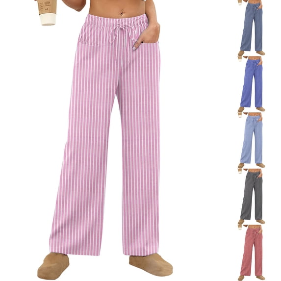 Loopsun Womens Pajama Pants, Womens Loose Solid Stripe Print Elastic Waist Straight Leg Sleep Long Pants Pink, XL