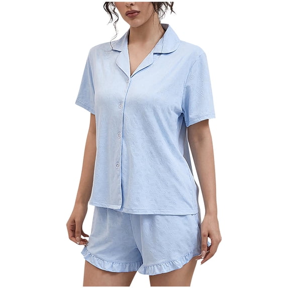 Loopsun Womens Pajama Sets, Ladies Solid Button Down Collared Short Sleeve Shirts and Shorts 2 Piece Pajama Set Light Blue, XL