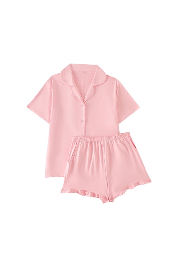 Womens Pajama Sets, Women's Button Front Collared Short Sleeve Shirts and Shorts Soft 2 Piece Pajama Set Pink, M
