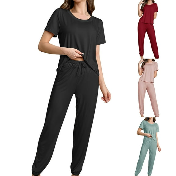 Loopsun Womens Pajama Sets, Women's Casual Home Wear Short Sleeve Shirt and Long Pants Pajama Set Red,XL