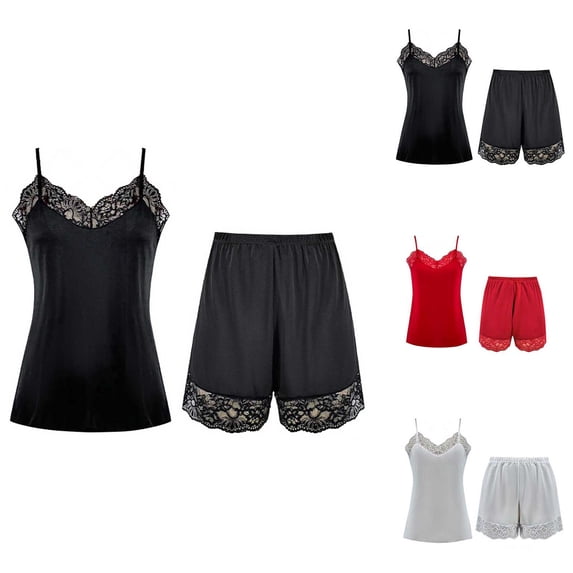 Loopsun Womens Pajama Sets, Women's Comfortable Breathable Lace Solid Tank Top and Mid-rise Waist Hip Lift Underwear Briefs Pajama Sets Black,L
