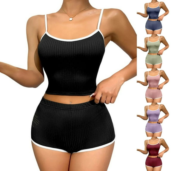 Loopsun Womens Pajama Sets, Women's Lace Patchwork Tank Top and Shorts Pajamas Sets Home Clothes Black,XXXXL