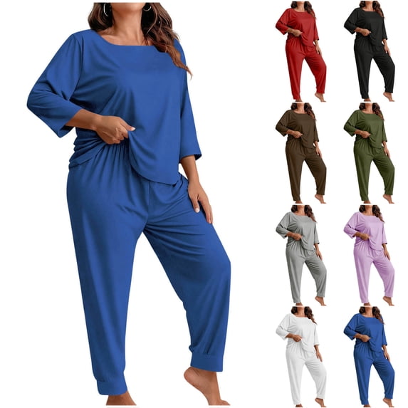 Loopsun Womens Pajama Sets, Women's Plus Size Casual Solid 3/4 Sleeve Shirts and Long Pants Pajama Loungewear Set Purple, XXXXL