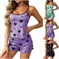 thumbnail image 1 of Loopsun Womens Pajamas Sets Print Wave Hem Thin Straps Top Elastic Waist Shorts Two Piece Flowy Loungewear, 1 of 5