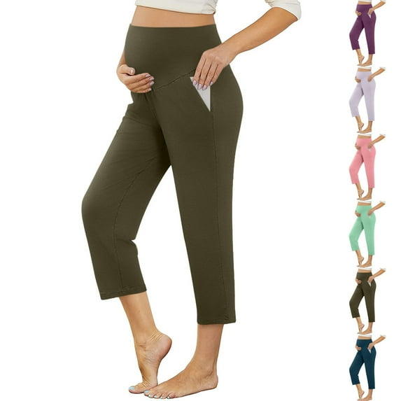 Loopsun Womens Pants, Capris for Maternity, Women's Solid Lightweight High Waist Loose Stretchy Casual 7/8 Length Maternity Pants Green, XXL