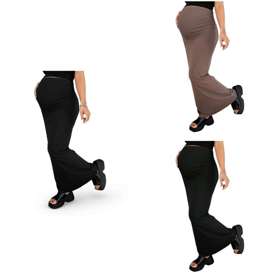 Loopsun Womens Skirts, Skirts for Maternity, Women's Solid Knitted High Waist Adjustable Ankle Length Casual Maternity Skirt Black, XL