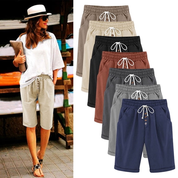 Loopsun Womens Summer Casual Solid Linen Drawstring Waist Knee Length Loose Daily Wear Pants Black, L